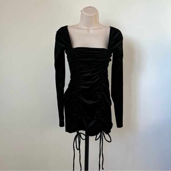 Wild Fable Velvet Long Sleeve Dress Black XS Cinched Drawstring Ties Square Neck - Picture 7 of 8